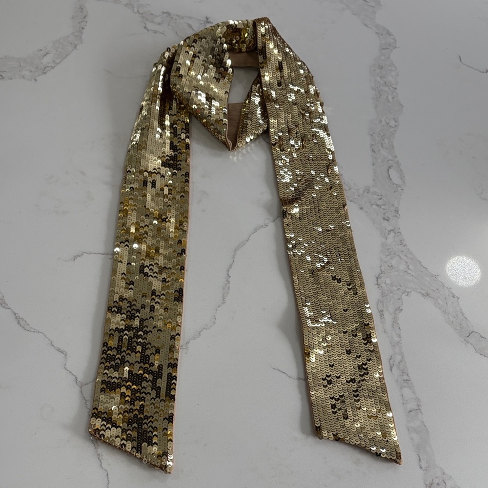 Ann Taylor Gold Sequin and Tan Narrow Scarf